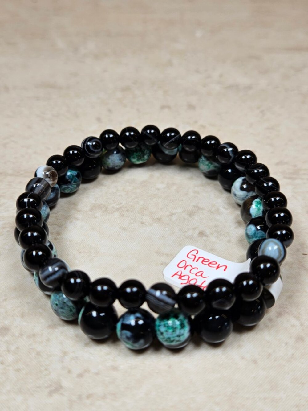 Teal Orca Agate & Black Obsidian Bracelet Set Boho Crystal 6mm 8mm